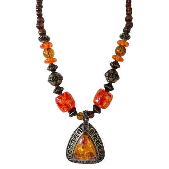 Exotic Tibetan Style Amber Resin Statement Necklace Triangle Pendant Boho Ethnic - Picture 2 of 7